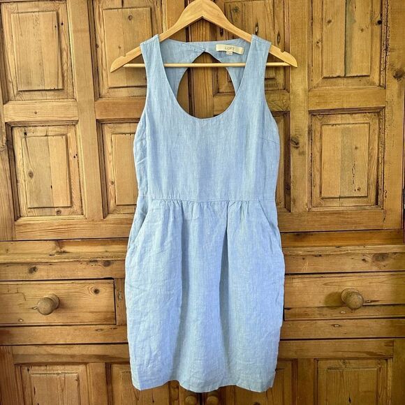 Ann Taylor LOFT Size 2 Blue Linen Tank Dress Open‎ Back Classic Pockets Belted - Picture 1 of 11